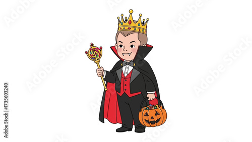 Halloween Vampire King: A regal vampire king stands adorned in a crown, holding a candy lollipop and a jack-o'-lantern basket, personifying the spirit of Halloween