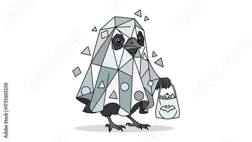 Geometric Halloween Raven: A charming geometric raven in a ghost costume, offering a whimsical take on Halloween, with a bag full of candies against a clean background.