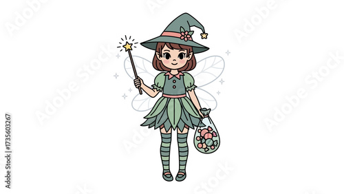 Enchanting Fairy Illustration: A whimsical illustration of a charming fairy, adorned with a witch hat, holding a magic wand and a pouch of colorful gems, evoking a sense of enchantment and fantasy.