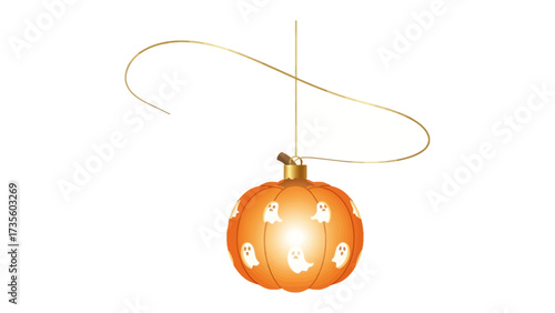 Pumpkin Ornament: A spooky pumpkin ornament, illuminated by an unseen light source, adorned with eerie, ethereal ghost patterns suspended, offering a sense of mystery.