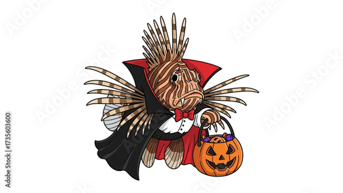 Spooky Sea Dweller: A playful, animated lionfish is whimsically adorned in a vampire costume for a festive Halloween celebration. It holds a carved pumpkin.