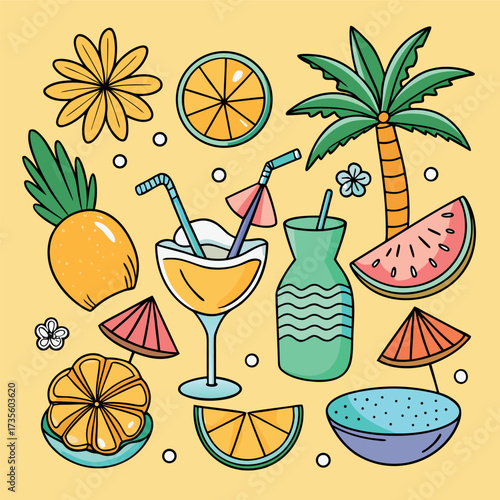 Colorful doodle illustration of tropical drinks, citrus fruits, palm leaves, and summer vibes