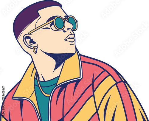 Cool Retro Art: A stylish illustration of a man in trendy, vintage attire, complete with sunglasses and a confident gaze. Capturing a blend of retro charm and modern cool.