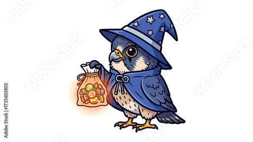Enchanting Avian Wizard: A charming illustration of a whimsical bird dressed as a wizard, complete with a pointy hat, cape, and a bag of colorful treasures. 