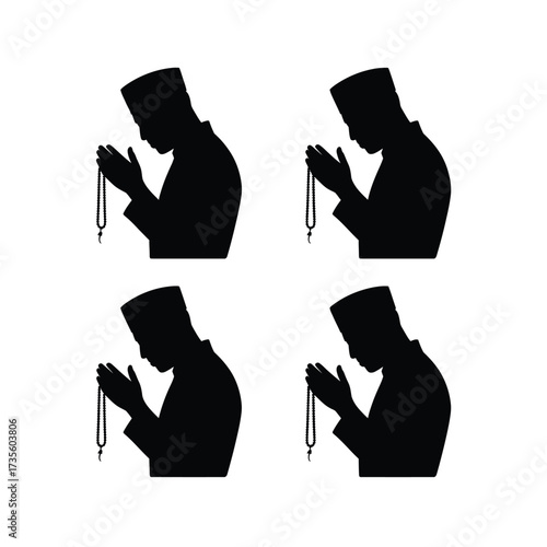 Four islamic prayer silhouettes with prayer beads