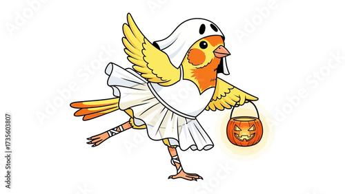 Halloween Bird with Costume: A cheerful, yellow and orange bird adorned in a whimsical Halloween ghost costume, gracefully balancing, and clutching a pumpkin-themed treat basket. 