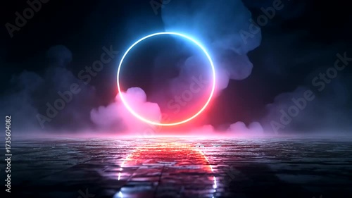 Glowing neon circle with smoke and reflection on wet ground