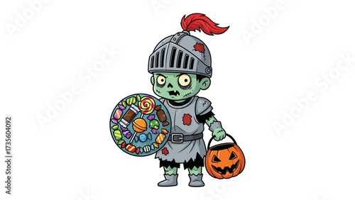 Halloween Knight: A festive and imaginative illustration presents a costumed zombie knight, prepared for trick-or-treating with a unique twist and an inviting charm.