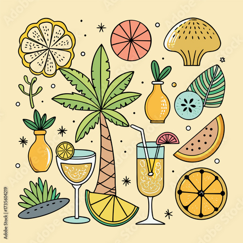 Colorful doodle illustration of tropical drinks, citrus fruits, palm leaves, and summer vibes