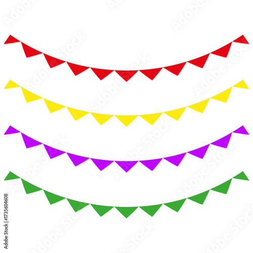 Bunting garland banner. Colored triangular flags. Party decoration detail. Vector festive element.