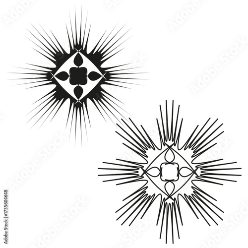 Ornamental star shapes. Symmetrical burst effect. Vector light element. Abstract graphic symbol.