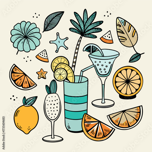 Colorful doodle illustration of tropical drinks, citrus fruits, palm leaves, and summer vibes