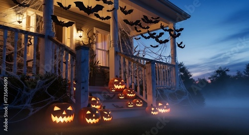 Halloween house with illuminated pumpkins bat decorations and spooky spiderwebs under a twilight sky