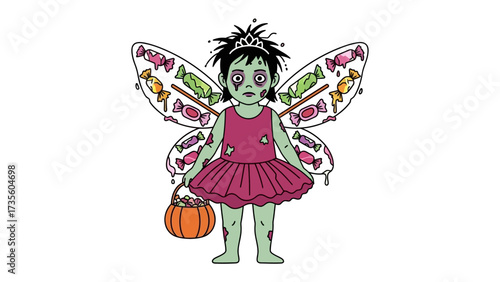 Zombie Fairy: A whimsical illustration of a zombie fairy holding pumpkin bucket, with candy-adorned wings and a dress, blending elements of fantasy and the undead in a playful style.