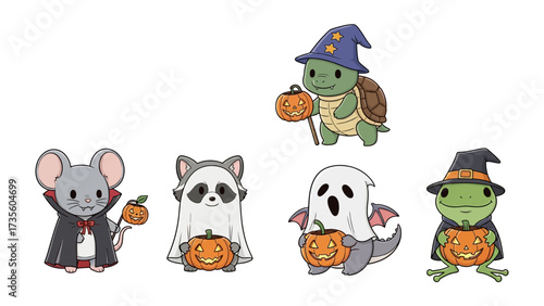 Halloween animal cartoons : A collection of charming Halloween cartoons, featuring playful critters in festive costumes, ready for trick-or-treating or Halloween fun.