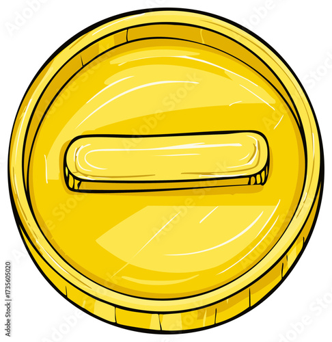Stylized golden coin with a raised horizontal bar in the center