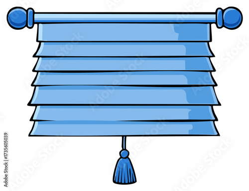 Blue window blinds cartoon illustration with tassel, indoor window covering