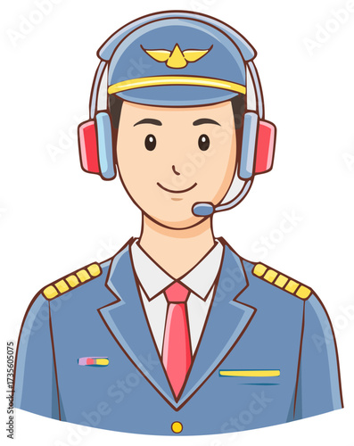 Cartoon illustration of a pilot in uniform wearing a headset.