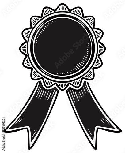 Hand Drawn Black Award Rosette with Ribbons Isolated on White. Vintage Achievement Seal Badge Graphic Element Illustration