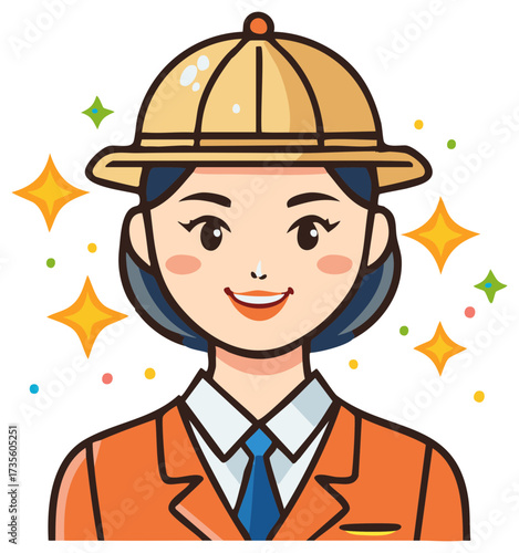 Joyful young woman in explorer hat and orange suit with sparkling stars.