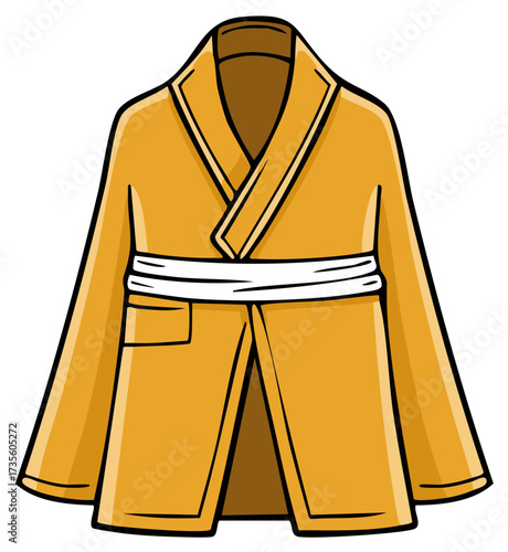 Cartoon illustration of a yellow martial arts uniform or robe with a white belt