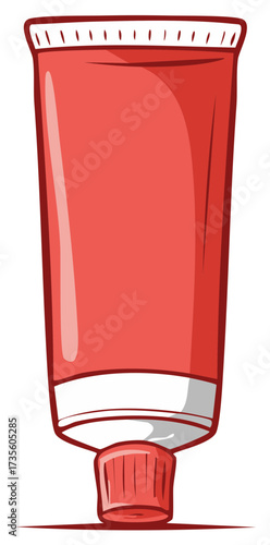 Illustration of a bright red squeeze tube with a ribbed red cap and white labeling area