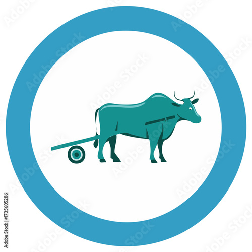 Zebu bullock with traditional cart inside a circular frame. Vector icon for agriculture and farming.