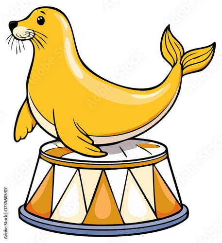 Adorable yellow circus seal balancing on a stool with a striped pattern