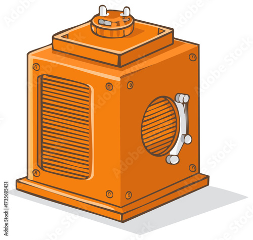 Orange machine illustration. Cartoon, geometric style, industrial appliance.