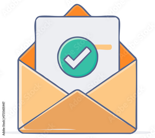 Approved document with green checkmark in open mail envelope icon vector illustration