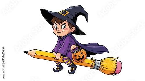 Whimsical Halloween Sketch: A cheerful witch, riding a giant pencil, embodies the spirit of Halloween, bringing the concept of imaginative fun.