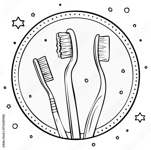 Three stylized toothbrushes in a circle with decorative elements, dental hygiene concept