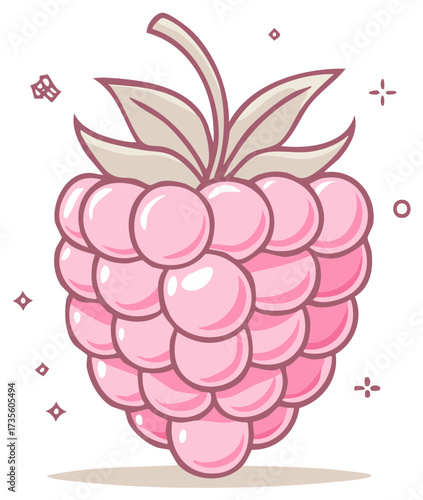 Cartoon illustration of a sweet raspberry fruit with leaves, food concept