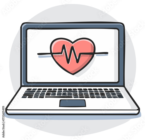 Digital health concept laptop with heart and heartbeat line on screen for online medical monitoring
