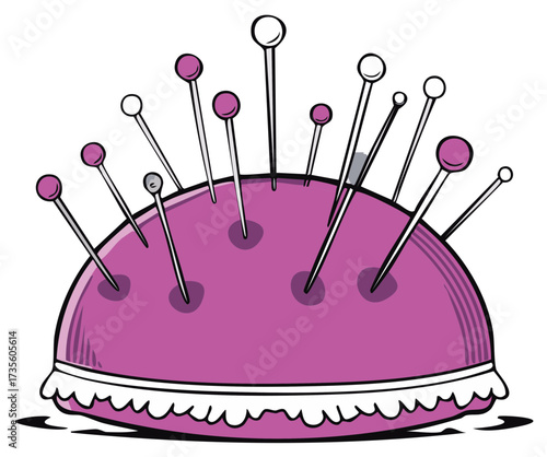 Illustration of a purple pincushion with many pins inserted at various angles