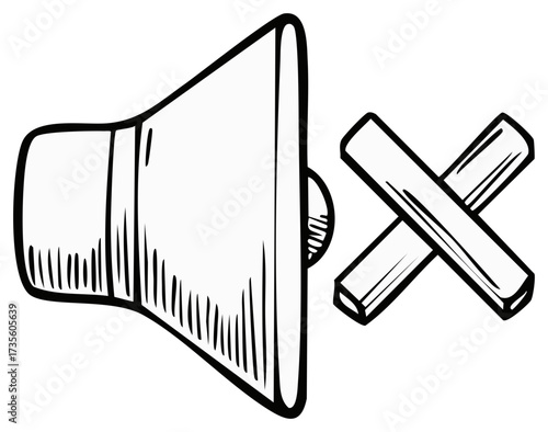 Sound Off Doodle Icon Loudspeaker with Mute Symbol Bold Outline Hand Drawn Vector Illustration