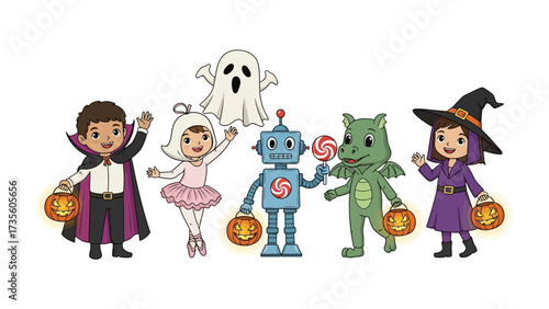 Halloween Costume Party: A collection of charming cartoon children, each adorned in delightful costumes, embodies the jovial spirit of Halloween.