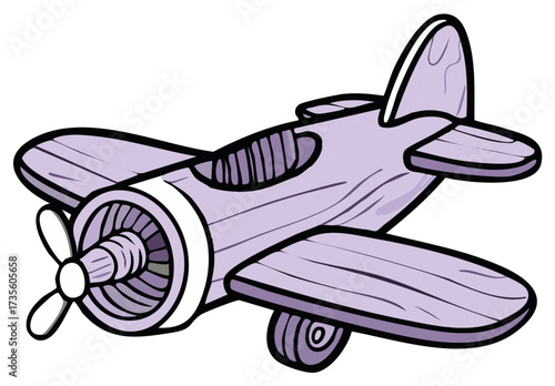 Whimsical cartoon illustration of a purple wooden biplane with a propeller