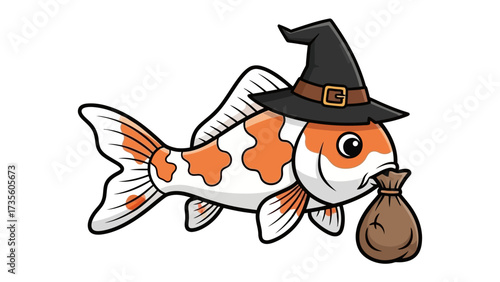 Koi fish in witch hat: A whimsical illustration depicts a vibrant Koi fish, adorned with a classic witch hat, playfully carrying a small sack, conjuring an air of playful mystique and magical fantasy.