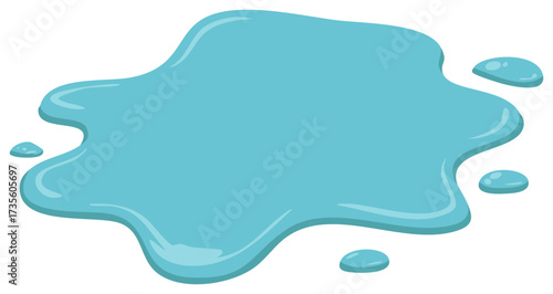 Illustration of a light blue water spill with drops, simple cartoon design on white background