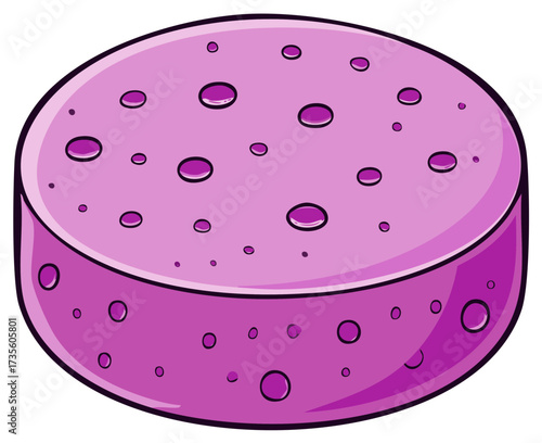 Cartoon illustration of a round purple porous sponge for bath or kitchen cleaning