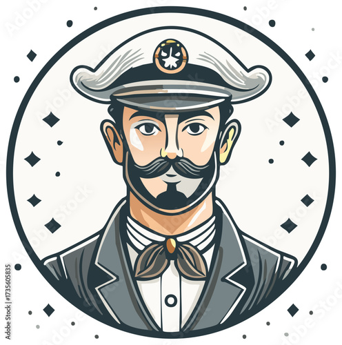 Mustachioed Man Portrait in Navy Captain Uniform with Badge Within Circle