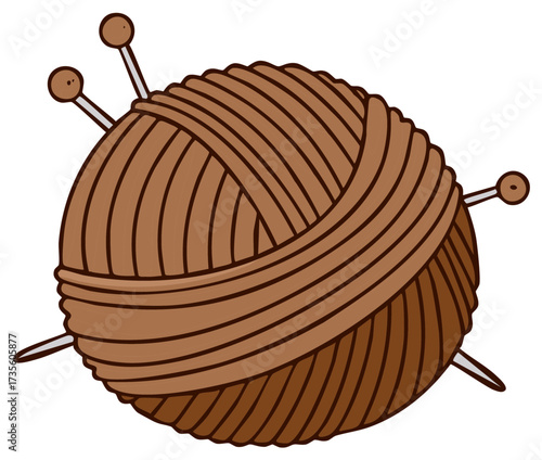 Brown yarn ball with knitting needles craft supplies hobby handmade cozy warmth