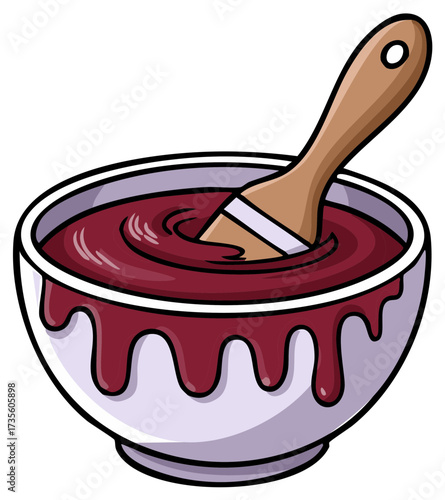 Cartoon illustration of a paintbrush stirring thick red paint in a dripping bowl