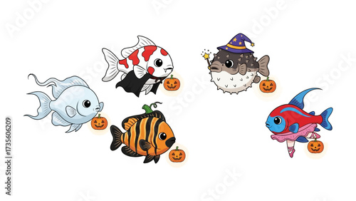 Halloween-themed Fish: A collection of cute cartoon fish, whimsically adorned in Halloween costumes, floats against a clean background, each clutching a miniature pumpkin.