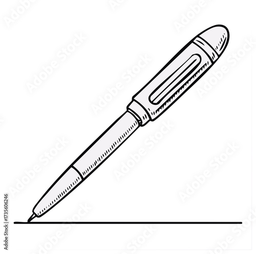 A classic fountain pen with a nib writing on a blank surface in a simple illustration