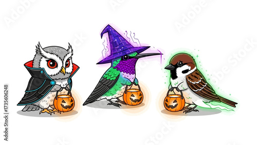 Halloween Bird Trio: A charming trio of Halloween-themed birds ready for trick or treat featuring a vampiric owl, a wizarding hummingbird, and a ghostly sparrow.