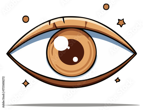 Stylized mystical human eye illustration with brown iris and glowing spiritual sparkles