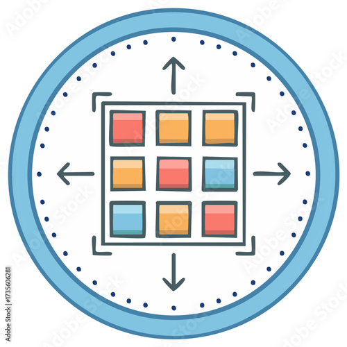 Conceptual illustration of a clock face with arrows and colored squares, abstract concept