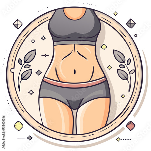 Woman's Body Illustration in Circle Frame with Geometric Shapes and Leaves Decorating